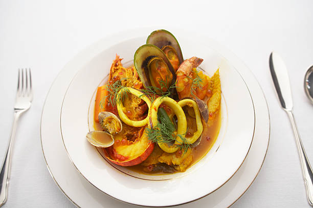 Spanish paella with seafood and saffron rice