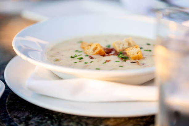 New England clam chowder in a bread bowl